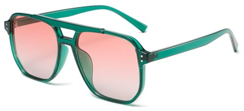 Long Keeper Retro pilotsolglasögon pilotglasögon män kvinnor vintage 70-tals pilotsolglasögon dubbelsteg kvadrat klassisk vintage pilotglasögon UV 400, Grön ram – färggradient rosa glas