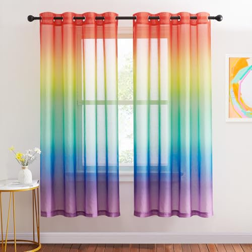 NICETOWN Regenbogen Vorhang Transparent Kurze Gardinen Kinderzimmer | 2er Set H160 x B140cm, Farbverlauf, Durchsichtig, Lichtdurchlässig, Voile Gardinen, mit Ösen, für Schlafzimmer Wohnzimmer