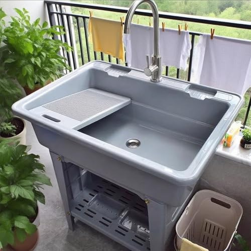 Évier Extérieur Portable en Plastique,Évier Autoportant Utilitaire avec Bac à Laver et Robinet,pour Buanderie, Garage, sous-Sol, Jardin,Camping