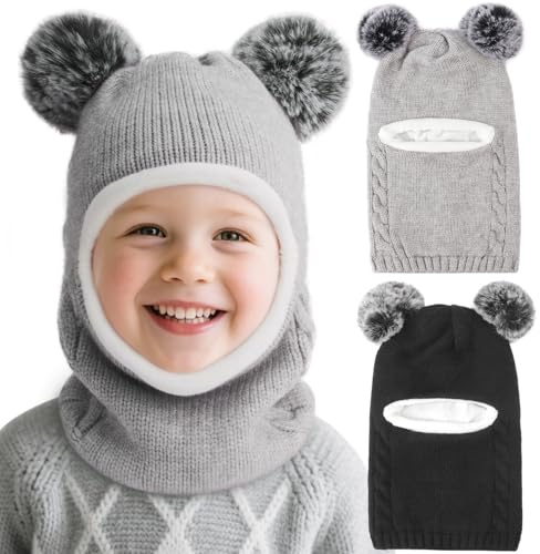 DRESHOW Bebis Mössa Vinter Varm Mössa Halsduk Barn Beanies Stickad Huva Mjuka Hattar med Dubbel Pom Pom för Småbarn Pojkar Flickor 2-5 År