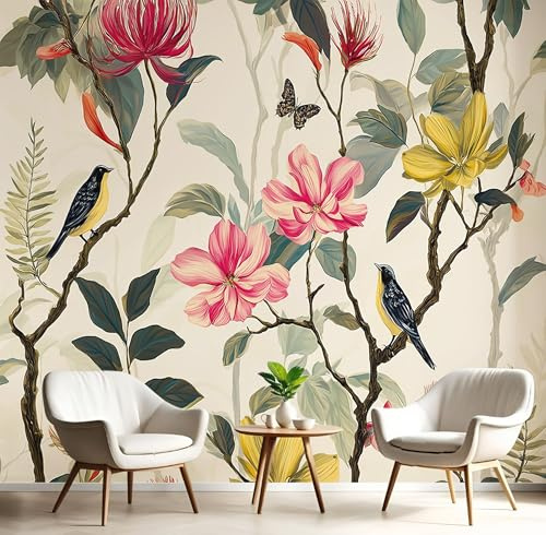 Carta Parati Murale Bianco Fiori E Uccelli 200X140Cm Carta Da Parati Panoramica Piante Tropicali Effetto 3D Poster Da Parete Per Sogg Per Soggiorno,Camera Letto,Ufficio,Tv Sfondo