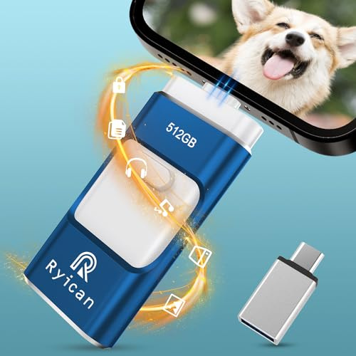USB Stick für Phone Ryican 512GB Speicherstick für iOS Passwortgeschützte Dateien 4 in 1 USB 3.0 Photostick Pendrive USB C für OTG Android/Laptop/PC/Pad,Daten Kopierten Mit Einem klick(512G,Blau)