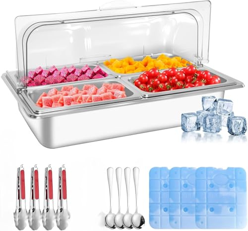 Countertop Ice Food Serving Display Tray with 4 Pan, Portable Salad Bar Buffet Station for Home, Stainless Steel Cold Food Buffet Server with Clear Roll Top Cover, 3 Ice Packs