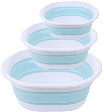 Tong Li Collapsible Wash Basin 3 Pack, Foldable Dish Tub, Space-Saving Collapsible Sink Camping for Dishing, Fruit, Beverage Tubs, Hiking & Home (Blue)