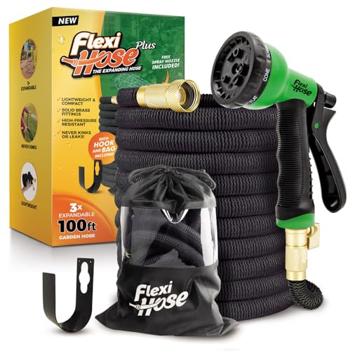 Flexi Hose Plus Expandable Garden Hose with 8 Function Nozzle, 100FT - Lightweight Retractable Garden Hose, Water Hose - No-Kink Flexibility, 3/4 Inch Solid Brass Fittings Includes Hook & Bag