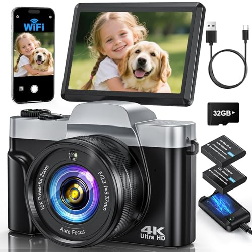 Appareil photo numérique 4K 64 MP avec WiFi, zoom numérique 16x, écran rabattable à 180 °, caméra de vlogging avec selfie, caméra compacte WiFi avec carte de 32 Go, 2 batteries pour débutants