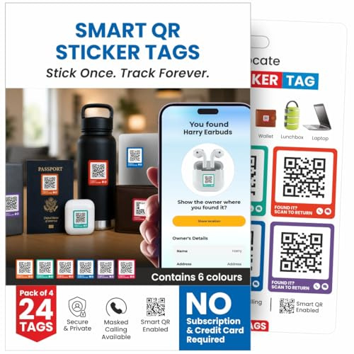 Smart QR Lost & Found Labels Pack of 24 | Waterproof Stickers | Private Calling | Scan Alerts | Laptop Water Bottle Passport Luggage Keys | Name ID Tags for Valuables | iOS & Android | Letstrack