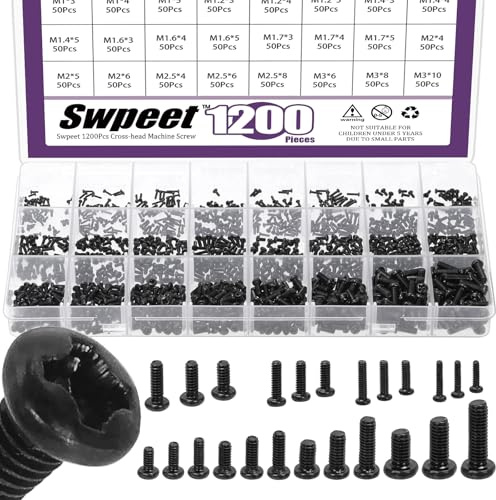 Swpeet 1200Pcs 24 Tailles M1 M1.2 M1.4 M1.6 M1.7 M2 M2.5 M3 Phillips Kit d'assortiment de vis à tête plate, petites vis à tête ronde à tête plate à tête croisée