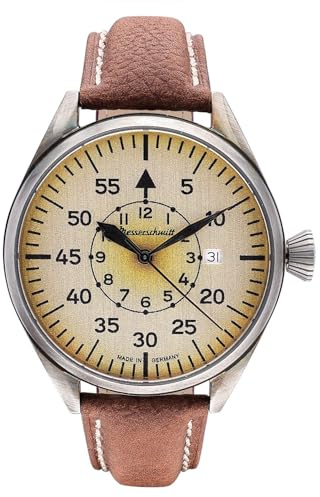 Messerschmitt Herren Fliegeruhr ME-43Vintage-2 mit Schweizer Quarzwerk 515 - Vintage Zifferblatt, brüniertes Edelstahlgehäuse, braunes Lederband, Saphirglas, Klassische Fliegeroptik - Made in Germany