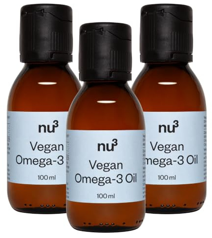 nu3 vegan Omega-3 Oil - Mikroalgenöl Öl, reich an DHA und EPA, Plus Vitamin D3, nachhaltig, fruchtiger Zitronengeschmack, vegan, pflanzliche Alternative für Fischöl, für Gehirn und Sehkraft – 3x100 ml