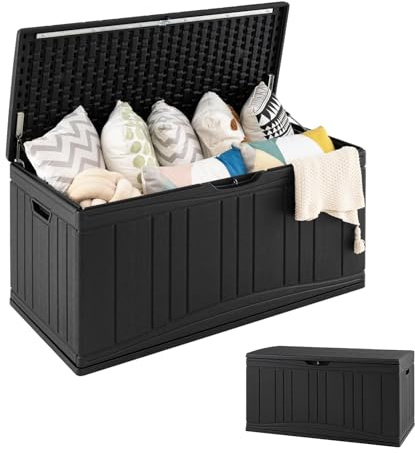 GOPLUS Coffre de Jardin Extérieur 300L, Coffre de Rangement Etanche avec Couvercle Verrouillable, Double Levier, pour Outils Jardinage, Coussins, Charge 150KG, 114 x 55 x 60,5 CM (Noir)
