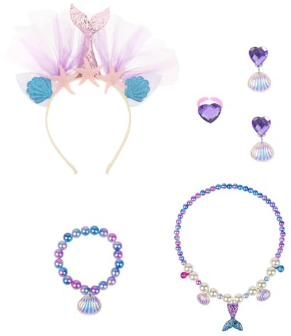 GYIOFAI Fascia Capelli con Coda Sirena Gioielli per Bambina, Diadema Sirenetta Collana Orecchini Bracciale Anello Accessorio per Costume da Principessa per Cosplay Carnevale Festa (Multicolore)