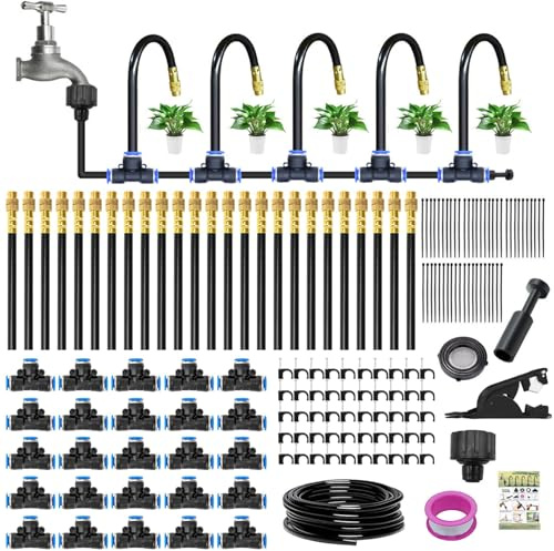 YumSur 82Ft Drip Irrigation Kit,Quick-Connect,360° Bendable,Auto Watering | Brass Nozzles,Adjustable Mist,Saves 70% Water.For Greenhouse,Garden,Lawn,Patio.25 Pcs Set,Easy Install