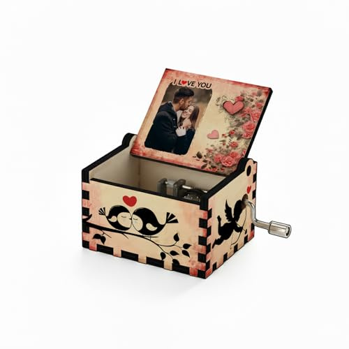 Hand Crank Wooden Music Box for Couples | Personalised With Your Image | Romantic Gift for Valentine’s Day | Gift for Girlfriend, Boyfriend, Wife or Husband | No Battery Mechanical Music Box.