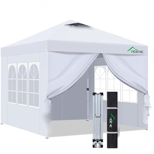 Acepic One-Touch Pop Up Pavillon 3x3 Wasserdicht Stabil Winterfest mit Seitenteile, Pop-Up Faltpavillon mit Schnellem Aufbau, Gartenzelt für Camping, Strand, Party und Flohmarkt, 3x3m, Weiß