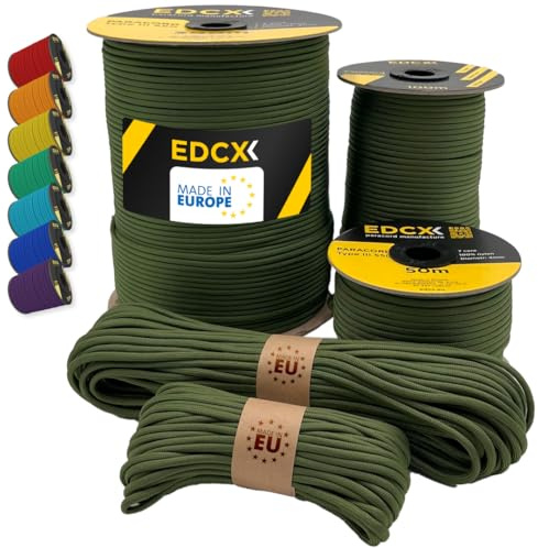 EdcX Paracord 550 Typ III 4 mm – 7 Kern-Strängen, 100% Nylon, reißfest bis 250 kg – 35+ Farben (10/15/30/50/100/300 m) – Survival-Seil, Fallschirmschnur, Zeltleine | Made in EU