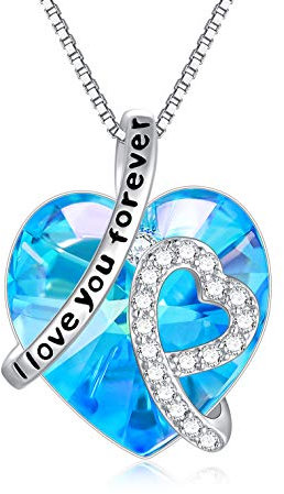 AOBOCO Kette Herz Damen Sterling Silber Ich Liebe Dich für immer Halskette, Hochzeitstag Geburtstagsgeschenk für Frauen Mama Freundin Sie (Simulierter Aquamarin-I Love you forever)