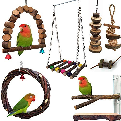 Vogelspielzeug, 8-teilig, Spielzeug für Papageien, aus Naturholz, Schaukel für Vogelkäfig, Hängematte, Kauspielzeug, Sitzstange für kleine Vögel – Kakao, Sittiche, Konfitüren, Finken