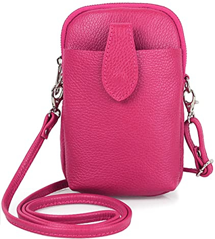Kleine Damen Leder Umhängetasche, Ital. Handtasche Handy Echtleder, Crossbody Schultertasche für Frauen Mädchen, 0002111070, Tasche Farben:Pink