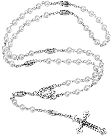 Rnivida Catholic White Pearl Beads Crucifix Rosary, Cross Rosary for Women