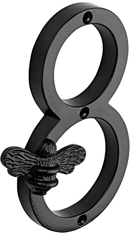 Brass bee House Number with Bee design | 5 inch Modern Door Sign Numbers Signs Plaques | Street Home Address Numerals, Black Iron Metal 0-9 (8)