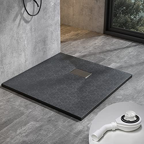 Duschwanne 80x90 cm SMC Brausewanne Schwarz Steinoptik Antirutsch Duschtasse Höhe 3,2 cm Niedrige Schwelle Extraflach Brausetasse mit Ablaufgarnitur und Edelstahl-Abflussrinne