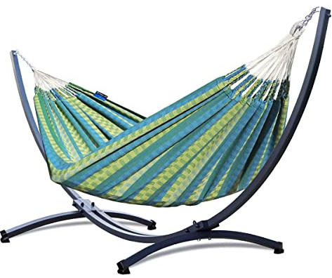 Potenza Outdoor Hängematte mit Gestell für 2 Personen I Morena - 100% Baumwolle Doppelhängematte 230x160 cm, 220kg I Hängemattengestell 220kg, wetterfest (Grün, Basic Gestell Graphit)