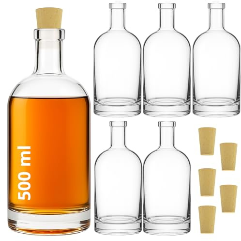 gouveo 6er Set Glasflaschen 500 ml Klassik mit Korken (SK) - Leere Flasche 0,5 l aus Glas zum Befüllen - Glasflasche für Likör, Schnaps, Gin, Öl, Essig (KFT500SK)