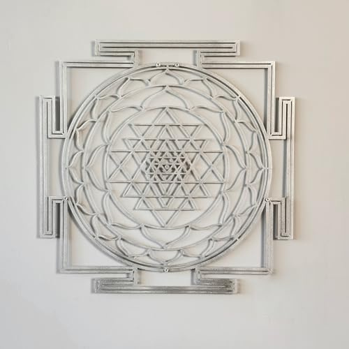 Colorfull Worlds Sri Yantra Metall-Wandkunst, Heilige Geometrie, Chakra, Wanddekoration, Einweihungs-Meditation, Heimdekoration, Geschenk für Freunde (klein, Silber)