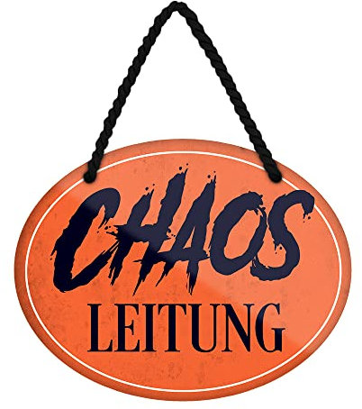 Chaos Leitung Hängeschild - lustiges Türschild mit witzigem Spruch - Metallschild mit Kordel und Saugnapf - Deko Arbeit Büro Betrieb Firma Kinderzimmer Jugendzimmer Eingang Flur - 18 cm x 12 cm