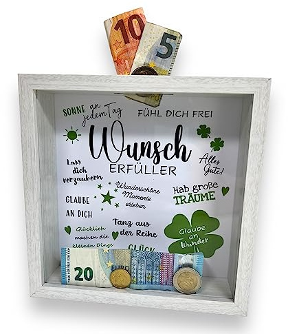 BUSDUGA 4303 Sparkasse Bilderrahmen WUNSCHERFÜLLER, 20x20x5cm, Spardose Geldgeschenk (Holzoptik weiß)