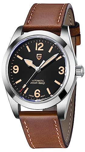 Pagani Design Automatikuhren für Herren mit Lederarmband, Edelstahl Herren Saphirglas Armbanduhr, NH35A Uhrwerk, DD36 (braun)