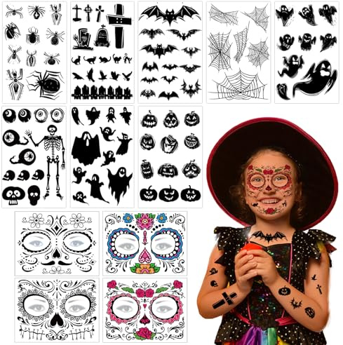 12 Blatt Halloween Tattoo, Halloween Temporäre Tattoos, Kinder Halloween Aufkleber, Tag der Toten Gesichtstattoo, Tattoos Gesicht, Fledermäuse Spinne Geister Muster, Karneval Makeup Tattoo Zubehör