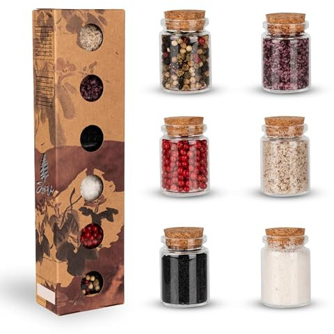 Kunz Foods Group SIMPLY WOOD Gourmet Ensemble de sels et de poivre, épices du monde entier 6 x 25 ml