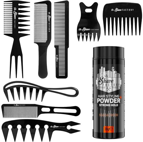 The Shave factory Haarstyling-Puder – Mattierendes und Volumen-Puder, mit Kammtypen für alle Einsatzbereiche, Haarkamm und Puderwachs (Kamm-Set & Starker Halt, Styling-Puder, 30 g)