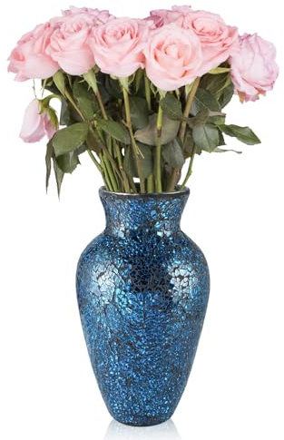 BIMUYI Mosaic Glass Vase, 28cm Tall, Handmade Flower Vase, Decorative Vase (Navy Blue)
