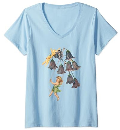 Damen Wunderschöner Vintage-Cherub, der unter winzigen Glockenblumen tanzt T-Shirt mit V-Ausschnitt