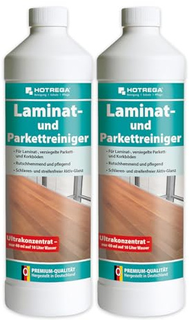 HOTREGA Laminat- & Parkettreiniger Konzentrat 2L | Streifenfreie Pflege | Wischpflege für Kork & versiegelte Böden | Rutschhemmend | Schützt vor Abnutzung & Feuchtigkeit | Seidenmatter Glanz