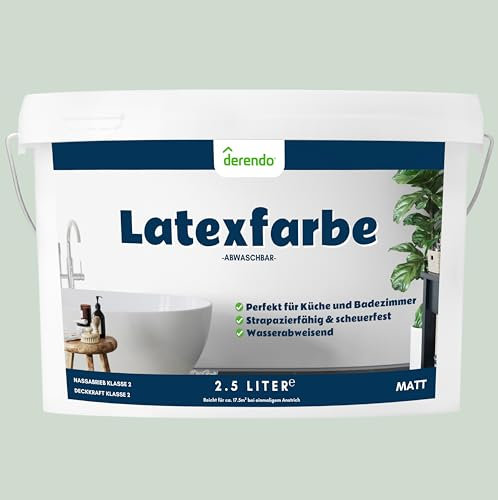 derendo Latexfarbe grün salbeigrün matt abwaschbar 2.5 Liter für Innen Küche Badezimmer streichen grüne Wandfarbe hohe Deckkraft hellgrün deckend