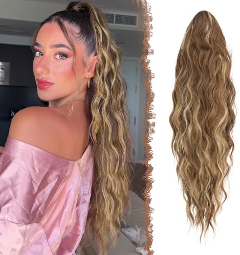 FESHFEN Lange Zopf Pferdeschwanz Haarextension mit kordelzug Lang Wellig Lockig Hellbraun und Blond Synthetik Haarverlängerung Natürliches Clip in Haarteil Ponytail Kunsthaar Haarzopf für Damen 65cm