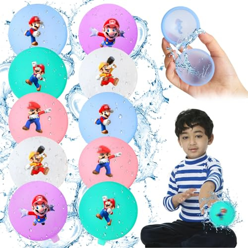 10 Stück Wiederverwendbare Wasserballons, Silikon Wasserbomben Bälle, Wiederbefüllbare Wasserbomben Wiederverwendbar Sommerspielzeug für Kinder, Erwachsene, Familie Garten, Sommer Spiele (Mario)