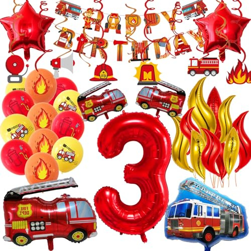 Feuerwehr Deko Kindergeburtstag, 3 Jahre Feuerwehr Geburtstag Deko, 42 Stück Geburtstags Dekorationen,Enthält banner, Feuerwehrauto ballon,Dedruckte luftballons,Flammen ballons,Swirl Decoration