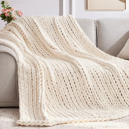 Negwoo Grobstrick-Überwurfdecke, 203 x 228 cm, gestrickter Überwurf, Chenille-Garn für Bett, Couch, handgefertigt, cremefarben, gehäkelt, groß, dick, maschinenwaschbar, niedlich, bequem, Decke für