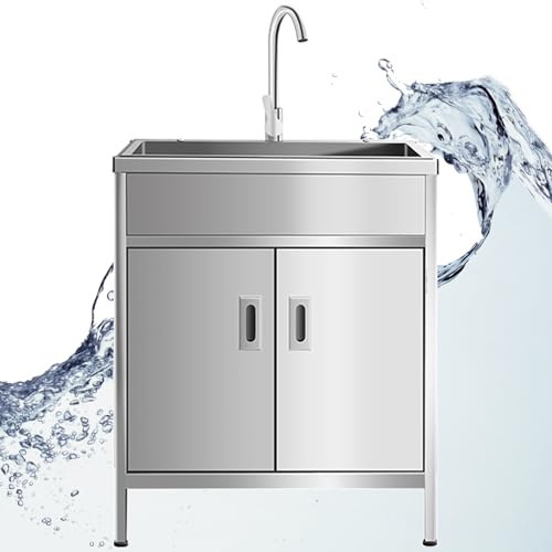 Lavandino Esterno Inox Professionale,Mobile Lavello da Cucina 1 Vasca con Rubinetto,Lavabo da Giardino Autoportante,Lavatoio Commerciale Ristorante,per Interno Garage Bar Lavanderia(55x45x80cm)