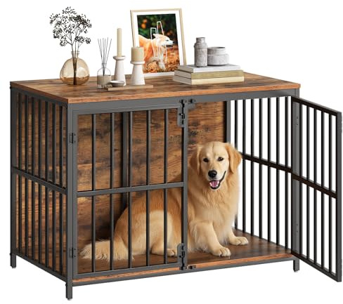 HOOBRO 38.6 Dog Crate Furniture, Wooden Dog Kennel Indoor, Heavy Duty Dog Cage for Small/Medium Dog, Decorative Side End Table, Rustic Brown and Black BF100GW03