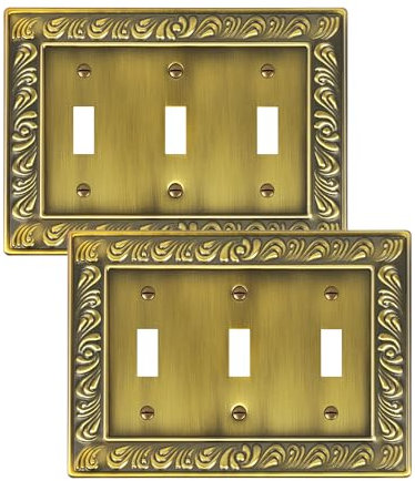 treewell Paquete de 2 placas de cubierta de interruptor de luz de triple palanca, diseño de cachemira, cubiertas decorativas para placa de interruptor de latón antiguo, placas de pared de metal de 3