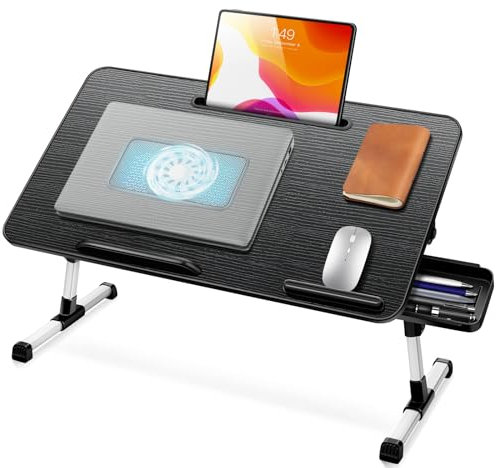 ICARE Mesa Cama, Mesa Ordenador Portatil con Ventilador para Portatil, Soporte de Tableta y Cajón, Mesa Plegable Regulable en Altura y Ángulo, Bandeja para Cama, Sofa, Suelo (60 x 34 cm, Negro)