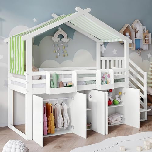 KecDuey Cama infantil de 90 x 200 cm, con barandilla anticaídas, 1 armario y 2 taquillas, con 3 taquillas en la escalera, tejido a rayas, pino+MDF+madera contrachapada