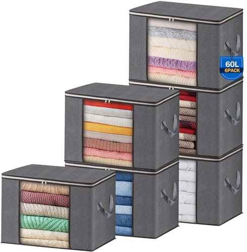 AIOR 6 Stück 60L Groß Aufbewahrungstasche, Faltbare Unterbett Kleideraufbewahrung Schrank Organizer Set, für Bettwäsche, Kleidung, Decken, Kissen Quilt Saison Artikel Lagerung, 55x35x32cm