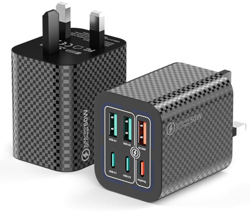 USB C Plug - 50W 6-Port Fast Charger Plug UK PD Power Adapter + QC Wall Charger Plug, Multiport Type C Charging Plug for iPhone for Samsung(2Pcs, Black)